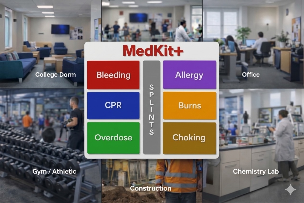 MedKit+ shown across multiple environments — college dorm, office, gym, construction site, chemistry lab